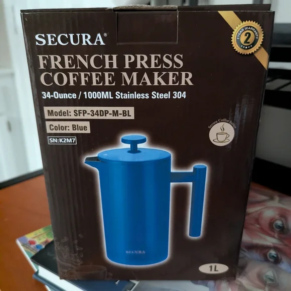 Secura French Press Stainless Steel Blue Coffee Maker - Picture 2 of 10